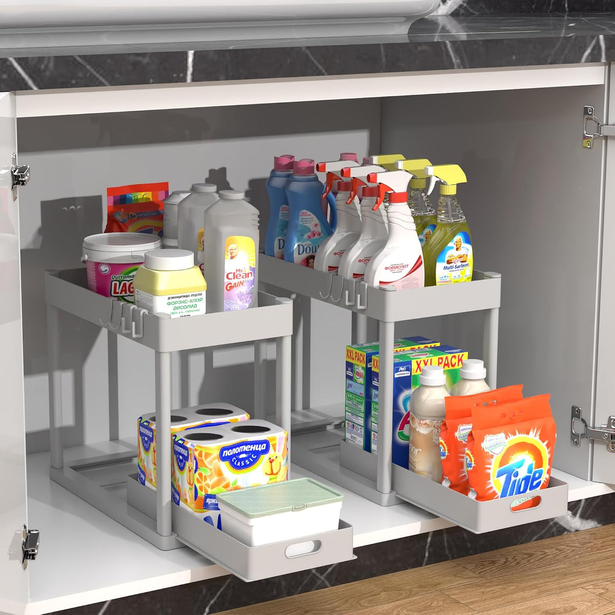 2PC Under Sink Organizer Rack 2 Tier Under Sliding Cabinet Basket Organizer Drawer with 4 Hooks, Multi-purpose Under Sink Storage for Bathroom Kitchen Desktop（Grey）