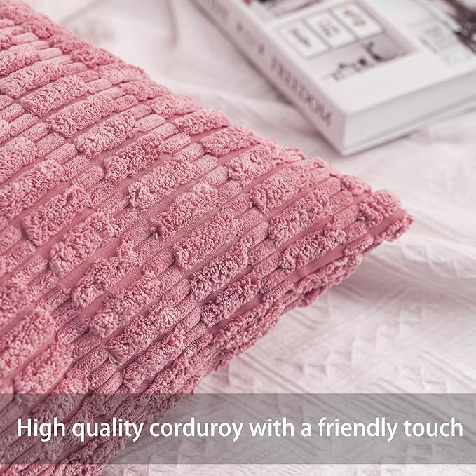 Pack of 2 Corduroy Decorative Throw Pillow Covers 18x18 InchSoft Boho Striped - Image 2
