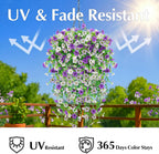 Artificial Flowers for Outdoors,8PCS Hanging Outdoor Faux Plants,UV Resistant Fake Flowers for Outdoor Planters,Realistic Fake Plants Spring Decor for Porch,Patio,Yard (PurpleWhite)