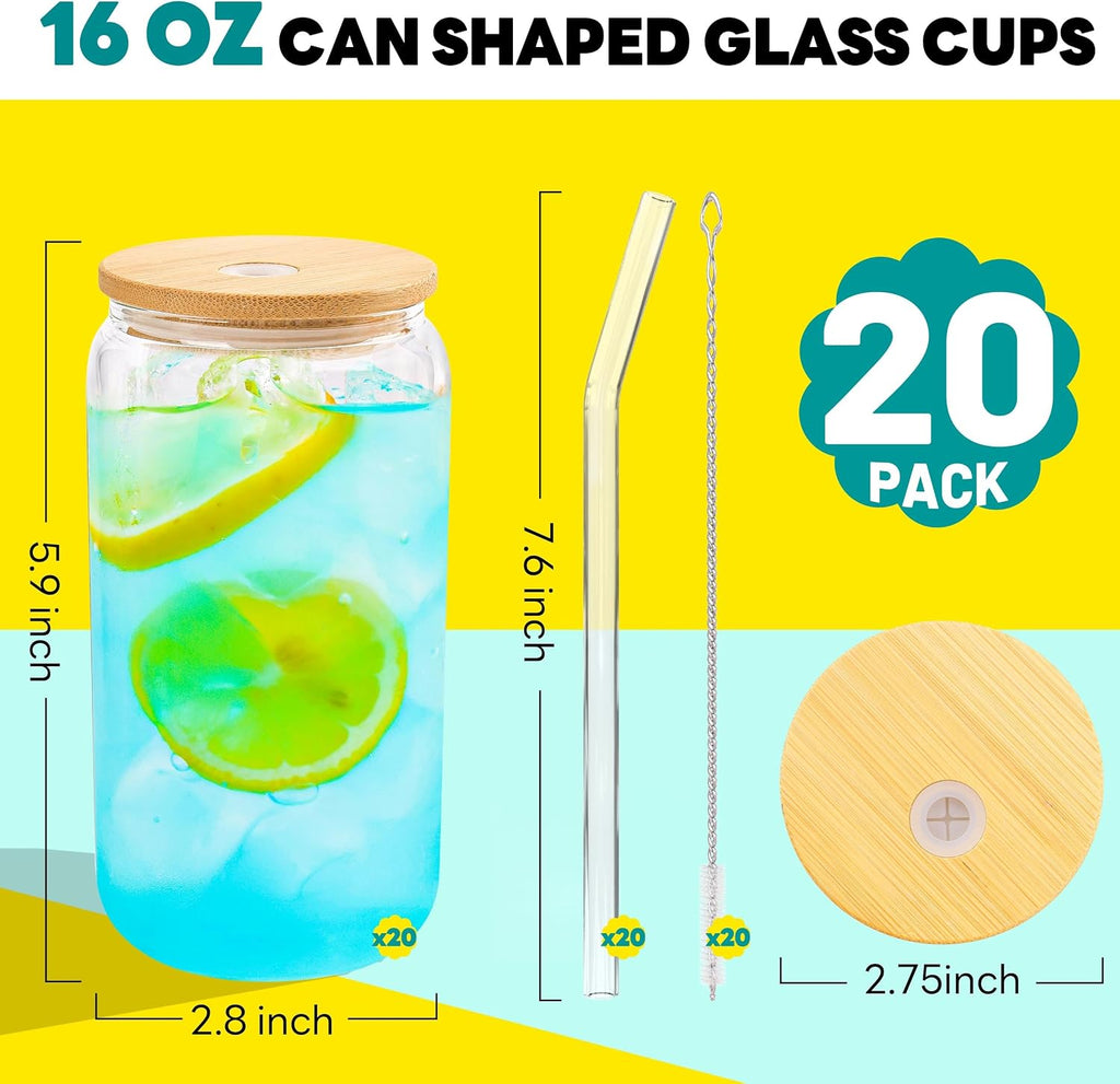 Joyclub 20pcs 16Oz Glass Cups with Bamboo Lids and Straws Drinking Glasses