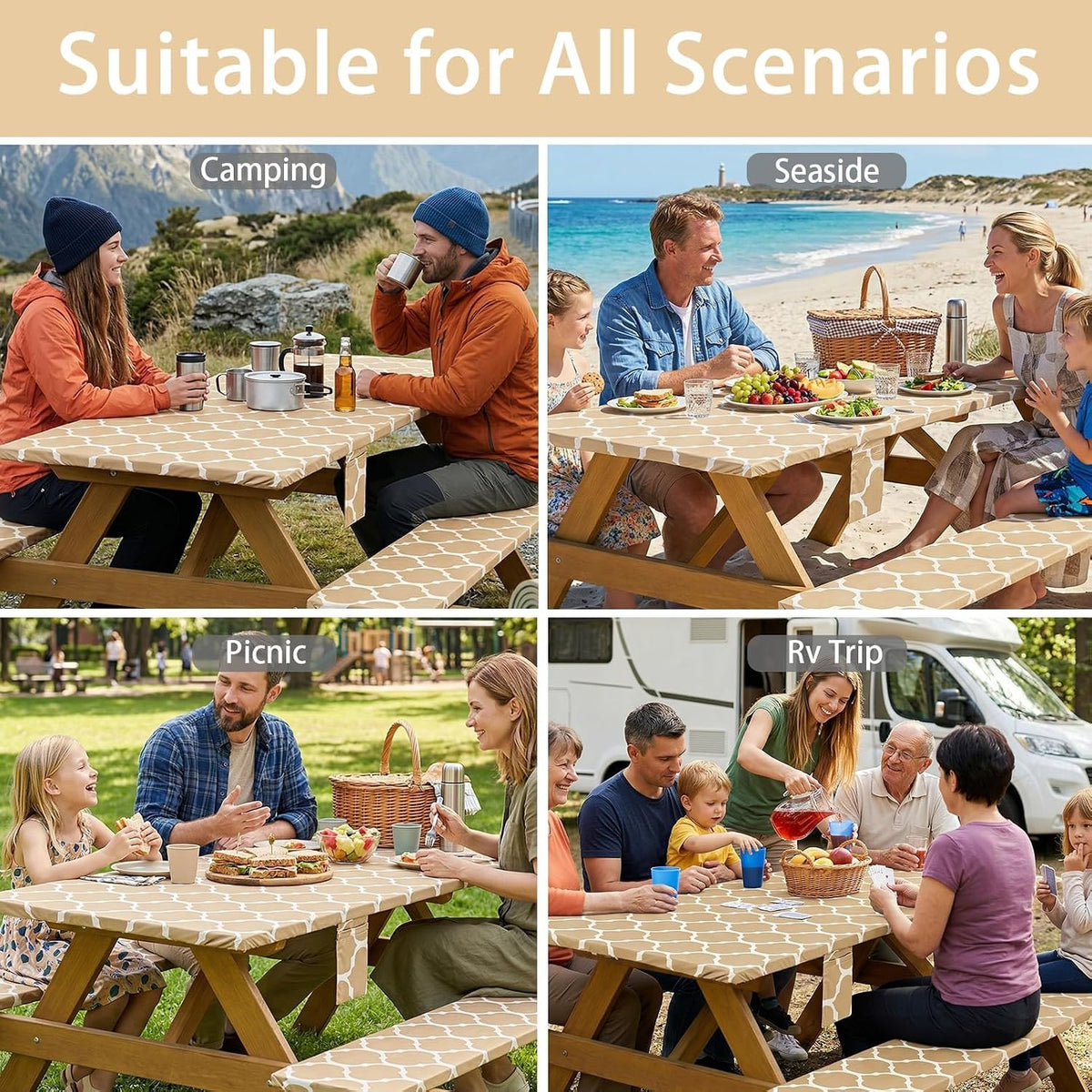 Fitted Waterproof Picnic Table Cover with Bench Covers Elastic Edges Camping Tablecloth for 6 Foot Rectangle Tables Camp Cooking Motorhome Party Equipment Car Rv Travel Trailer Needs Gifts