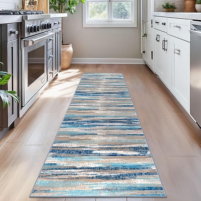 Lansny Modern Abstract Bedroom Runner Rug 2x7, Non-Slip Soft Thin Faux Wool Mat - Image 2