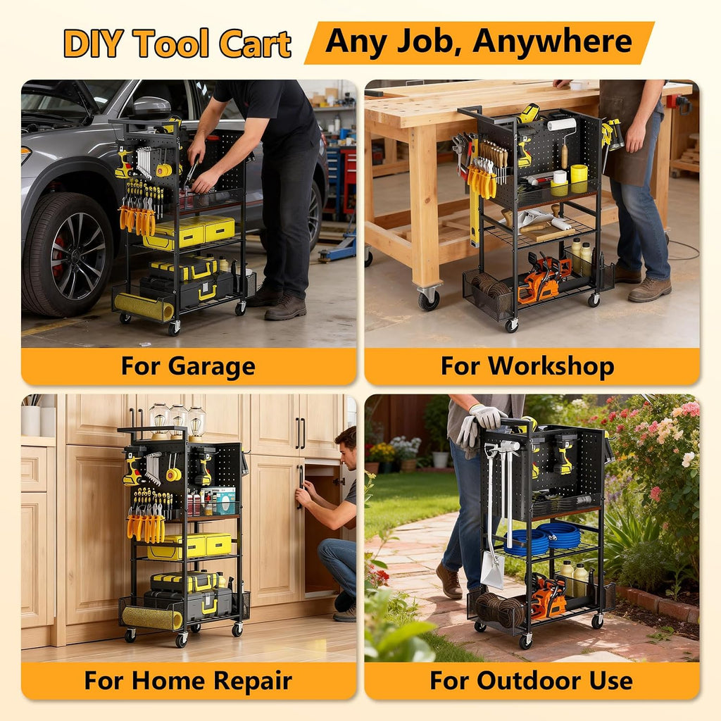 Tool Organizer Cart, 4-Tier with DIY Pegboards & Hooks & Storage Baskets