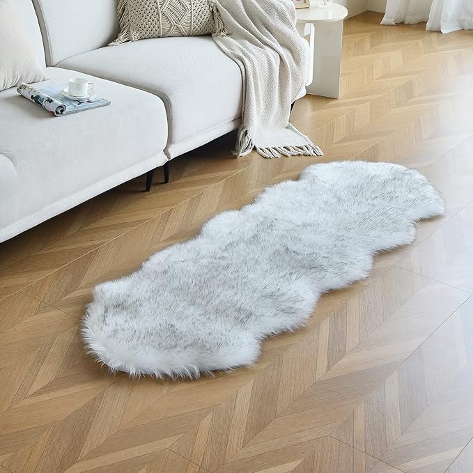 duduta White Black Faux Sheepskin Runner Rugs 2x6 ft, Fluffy Shag Bedroom Rug - Image 5
