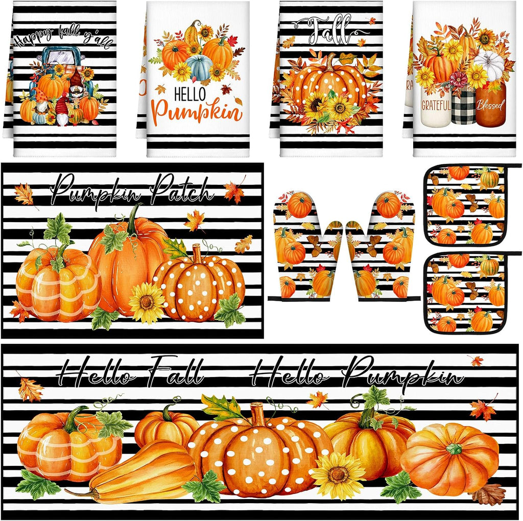 Fourluoo 10 Pcs Fall Kitchen Decor Hello Pumpkin Kitchen Accessories Set