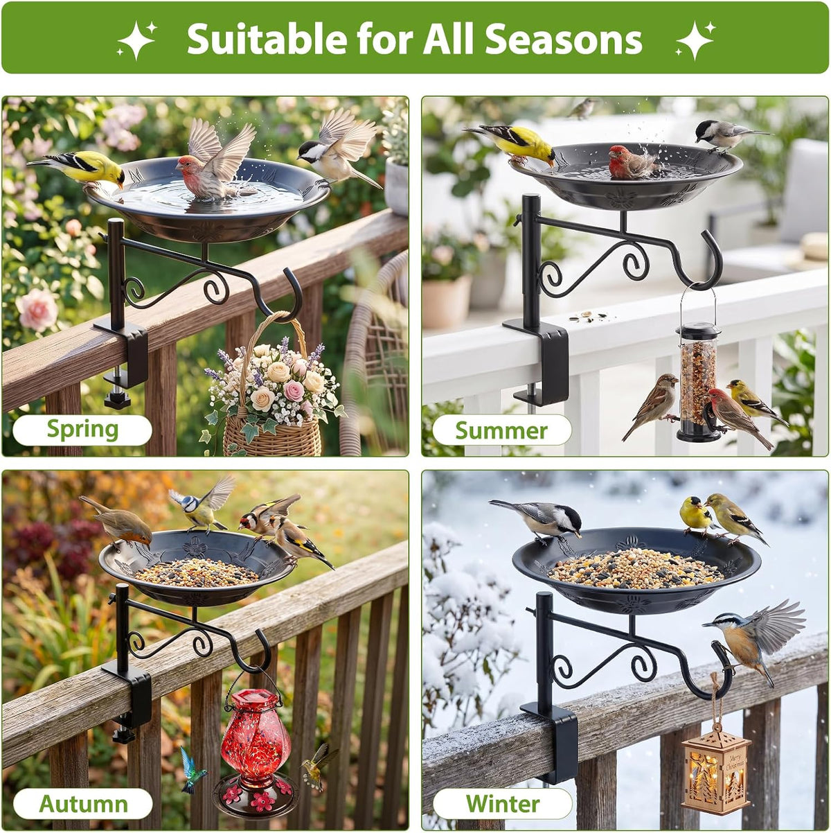 BOLITE Balcony Bird Feeder, Bird Bath with Plant Hook for Outdoors, Black