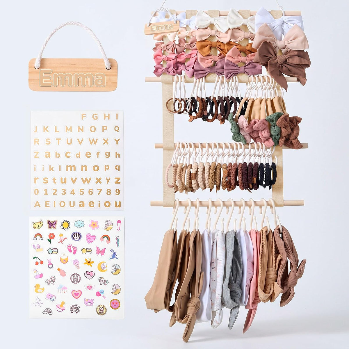 Bow Holder for Girls Hair Bows, Hair Bow Organizer, Headband Holders, Hanger Wall, Clip Organizer, Ribbon Storage for BabyGirl Nursery Wall Decor - Nametag, XXL Hooks, Stickers included - Beige