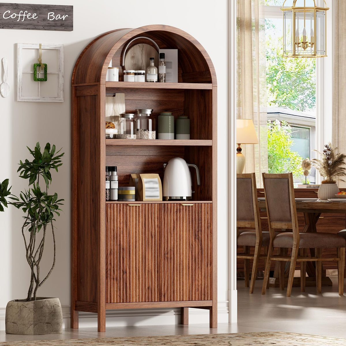 Ieejdn 71" Tall Arched Kitchen Pantry,Modern Fluted Wood Storage Cabinet with Doors,Adjustable Shelves,Organizer, Versatile Cupboard for Kitchen,Living Room,Dining Room,Bathroom,Brown