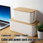 1Large+1Small Cable Organizer Set with 4 Silicone Cable Ties, 2-Piece Cable Management Box, Bamboo Lid Cord Organizer for Home Office,Set of Two Cable Box,Cable Organizer Box(Bamboo lid/White)