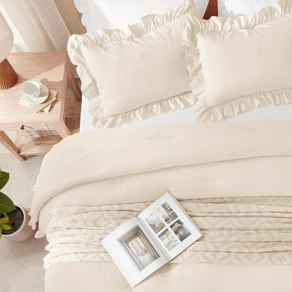 Andency Beige Queen Comforter Set, 3 Pieces Farmhouse Shabby Chic Bedding