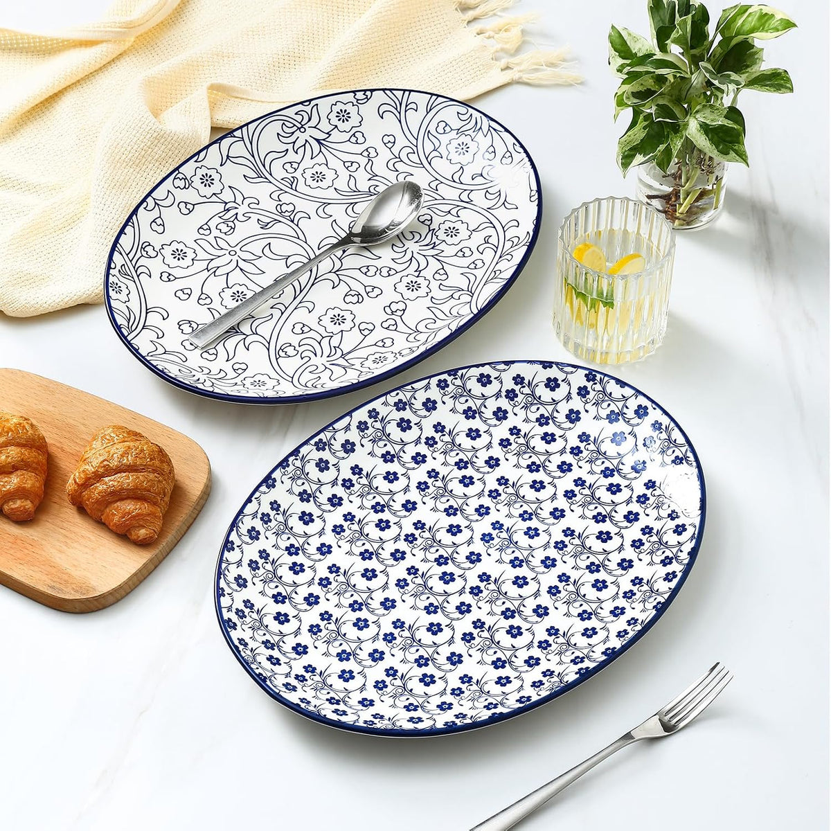 Selamica 14 Inch Oval Large Ceramic Serving Platter Set of 4, Vintage Blue