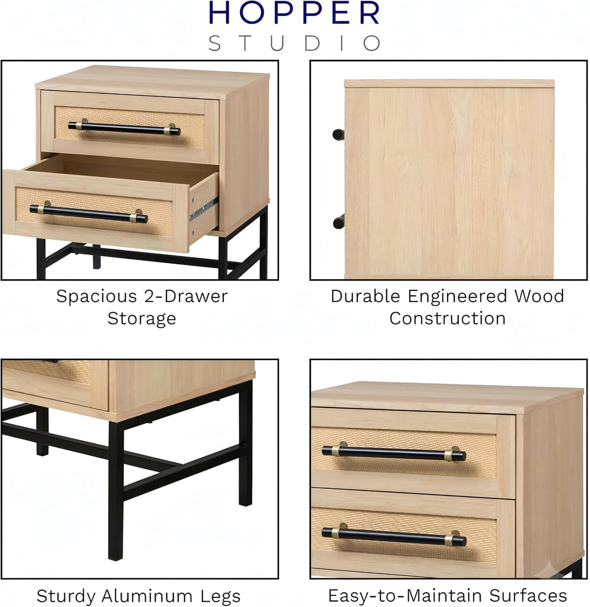 Sophia 2-Drawer Nightstand in Natural Oak Look with Rattan Panels and Minimalist Black Metal Frame- Perfect Bedroom Storage for Small Spaces, Large Suites, or Living Rooms