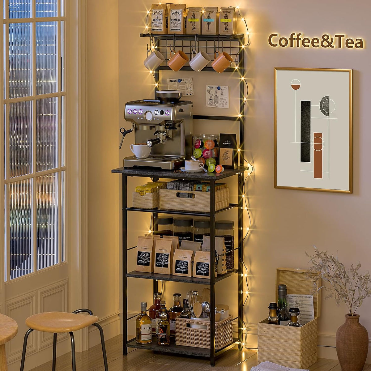 5 Tier Coffee Bar Station, Kitchen Stand with 4 S-Shaped Hooks, Farmhouse Corner Coffee Bar for Small Spaces, Bakers Rack for Kitchen, Entryway, Living Room, 13.43"D x 18.93"W x 53.31"H,Gray