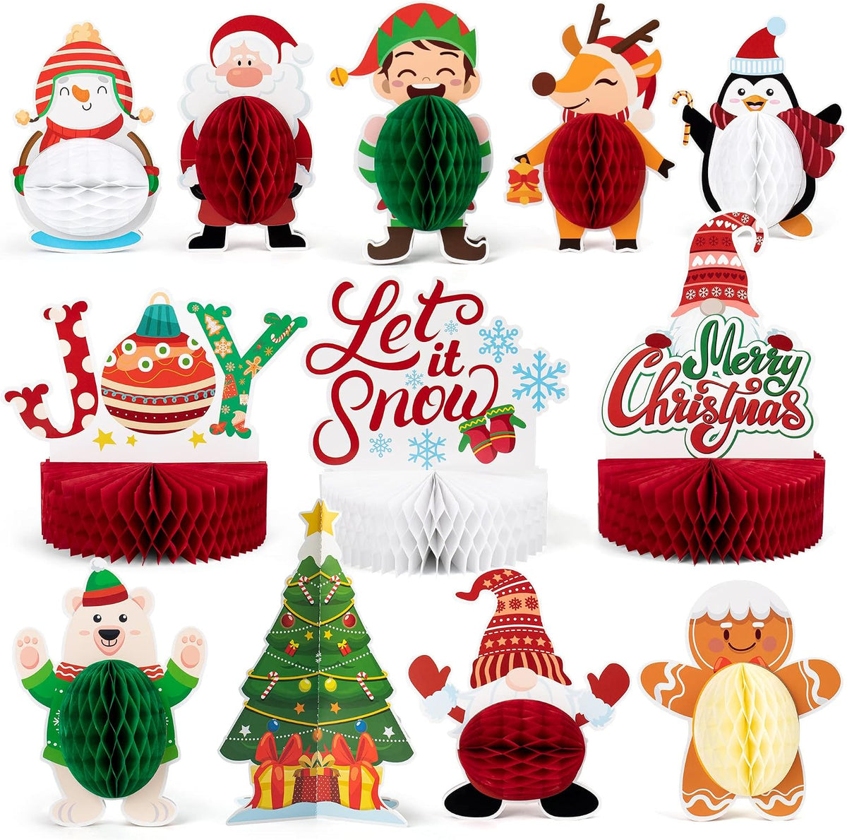 Mocoosy 12 Pack Christmas Party Honeycomb Centerpieces for Table Decorations, Xmas Center Pieces Table Topper with Gnome Santa Snowman Tabletop Centerpieces Decor Holidays Winter Office Party Supplies