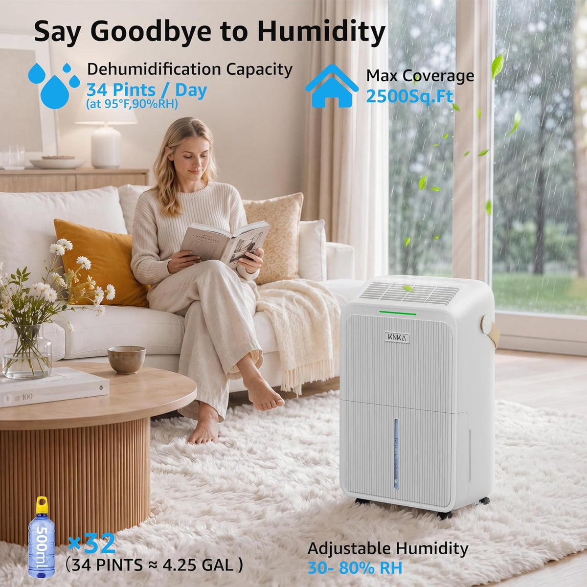 KNKA 2500 Ft² Max 34 Pints Dehumidifier for Basement with Drain Hose, White