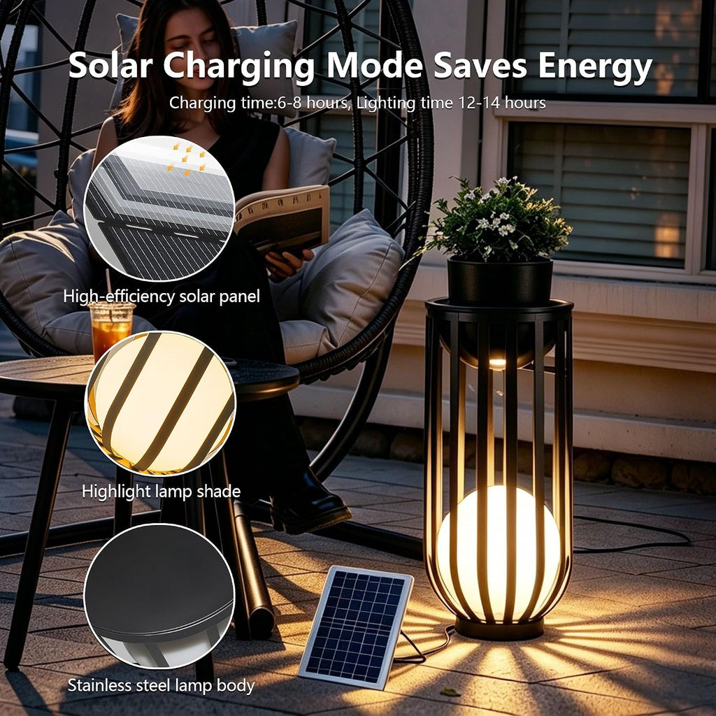 24'' Solar Outdoor Plant Stand,Black metal material with remote control