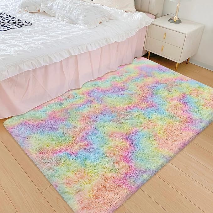 Small Fluffy Rainbow Colorful Area Rug - Image 3