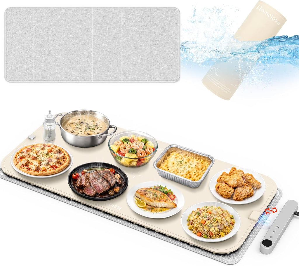 Homelove Warming Mat for Food - Electric Warming Tray with 7-Level Temp Settings & 6 Hours Timer, Full Surface Graphene Heating, Waterproof Dishwasher-Friendly Food Warmer for Parties, Kitchen (Khaki)