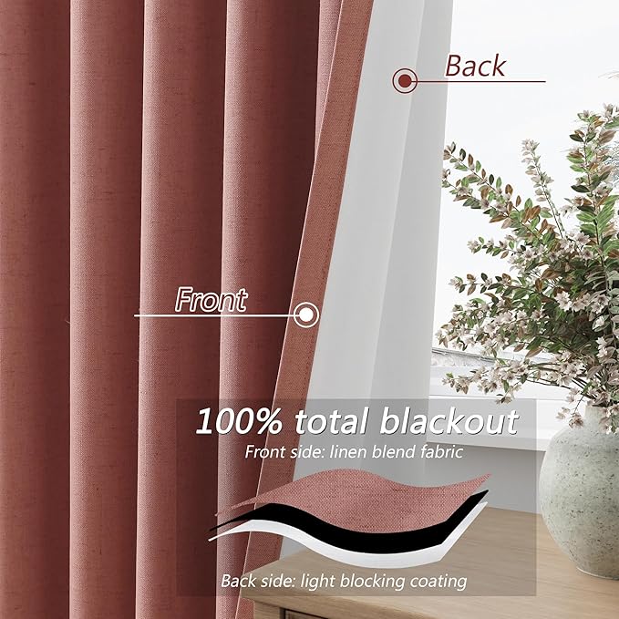 Dusty Rose 100% Blackout Linen Curtains 108 Inch Length 2 Panels Set - Image 4