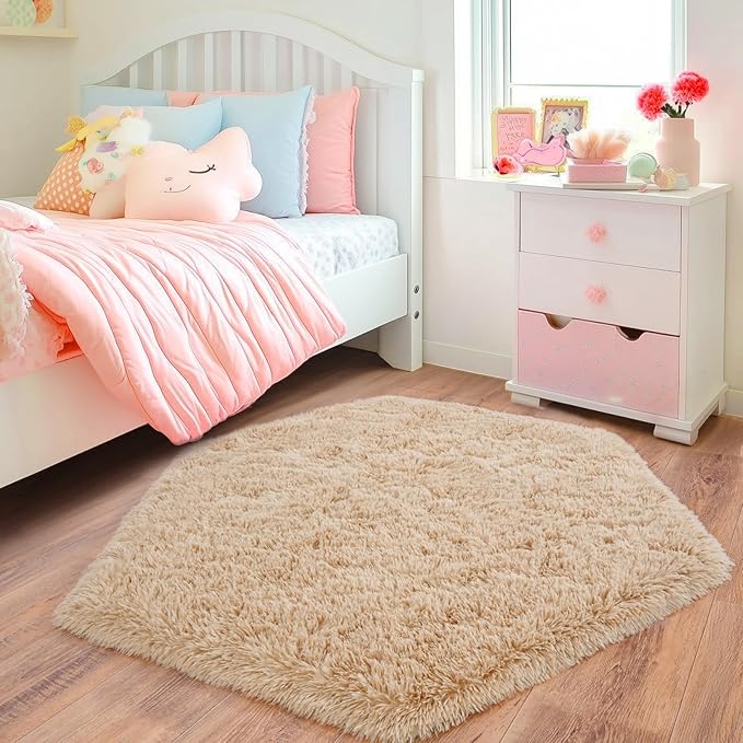 4x4.6 Feet Beige Hexagon Rugs for Princess Tent, Ultra Soft Fluffy Hexagon Area - Image 6
