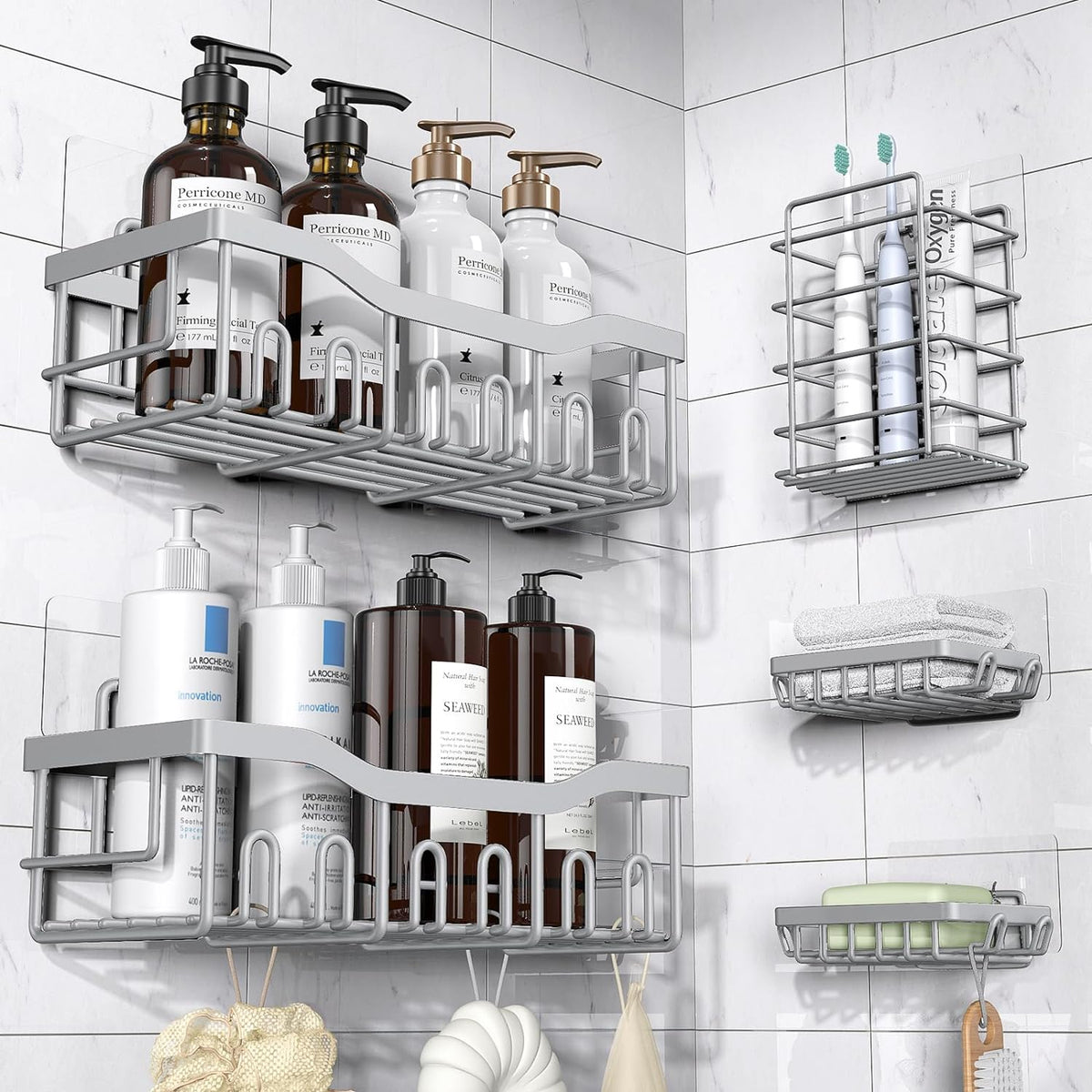 EUDELE Shower Caddy 2 Pack, Adhesive Shower Organizer for Home Decor & Kitchen Storage, No Drilling, Rustproof Stainless Steel Bathroom Shelf Organizer