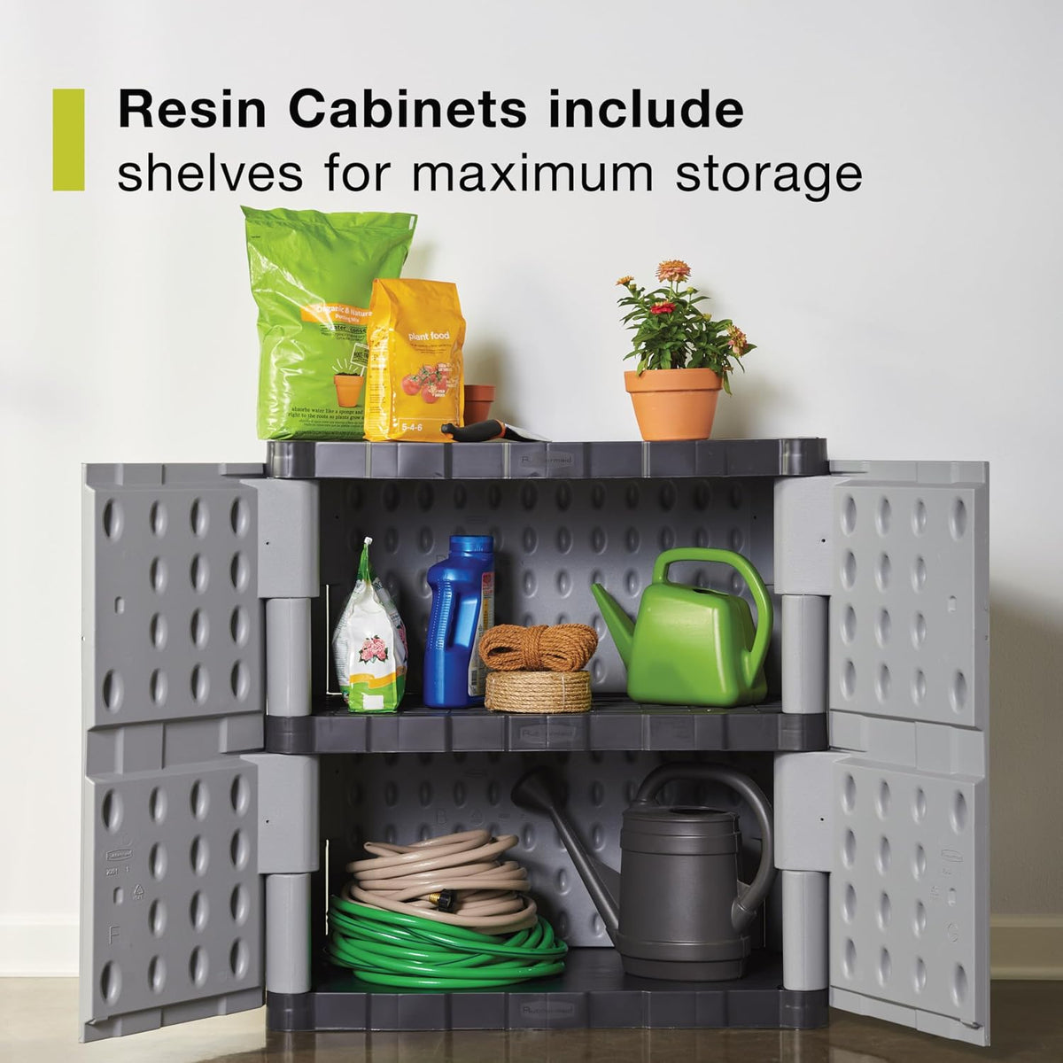 Rubbermaid Freestanding Storage Cabinet with Doors, 18" D x 36" W x 37" H, Medium, Gray/Black, Two-Shelf Lockable Cabinet for Indoor/Outdoor/Garage Storage for Garden Tools/Lawn Care Accessories