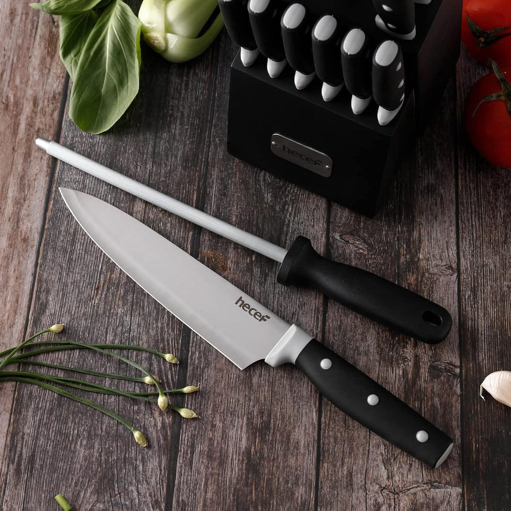 hecef Kitchen Knife Block Set, 14 Pieces Knife Set with Wooden Block & Sharpener Steel & All-purpose Scissors, High Carbon Stainless Steel Cutlery Set (Black)