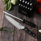 hecef Kitchen Knife Block Set, 14 Pieces Knife Set with Wooden Block & Sharpener Steel & All-purpose Scissors, High Carbon Stainless Steel Cutlery Set (Black)
