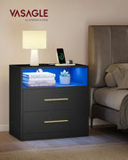 VASAGLE 23.6 Nightstands, LED Lights, Charging Station, 2 Drawers