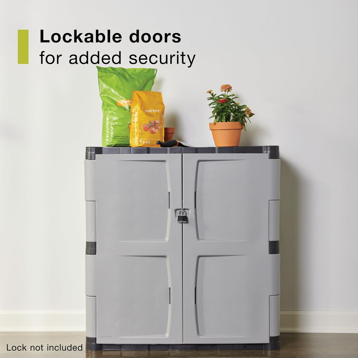 Rubbermaid Freestanding Storage Cabinet with Doors, 18" D x 36" W x 37" H, Medium, Gray/Black, Two-Shelf Lockable Cabinet for Indoor/Outdoor/Garage Storage for Garden Tools/Lawn Care Accessories