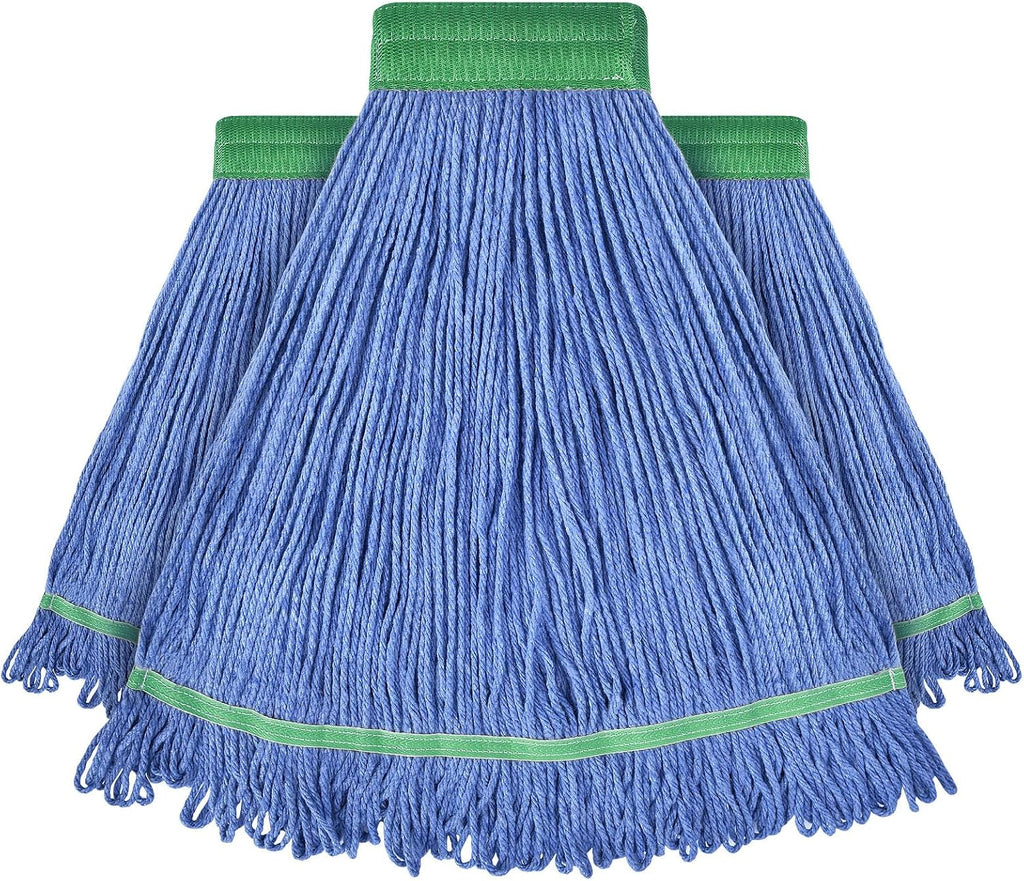 Onesimus 18 oz Heavy Duty Mop Head Replacement, 5 Inch Headband for Quick Change Handle, Blue Loop-End Cotton Blend String Wet Dry Floor Mop Refill Commercial Cleaning Supplies, 3 Pack Medium