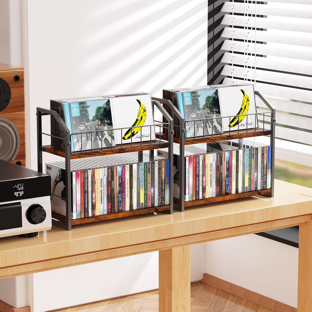 CD Storage Rack, 2 Tier CD holder & Display, 120 Capacity- Brown 2 Pack
