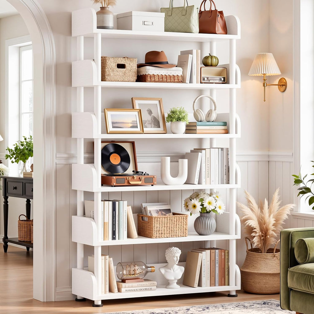 Aheaplus 6-Tier Tall Open Bookshelf, 31.5" Modern Display Bookcase Shelf with Top Edge and Pipe Metal Frame, Industrial Standing Bookshelves Storage Rack Organizer for Living Room, Home Office, White