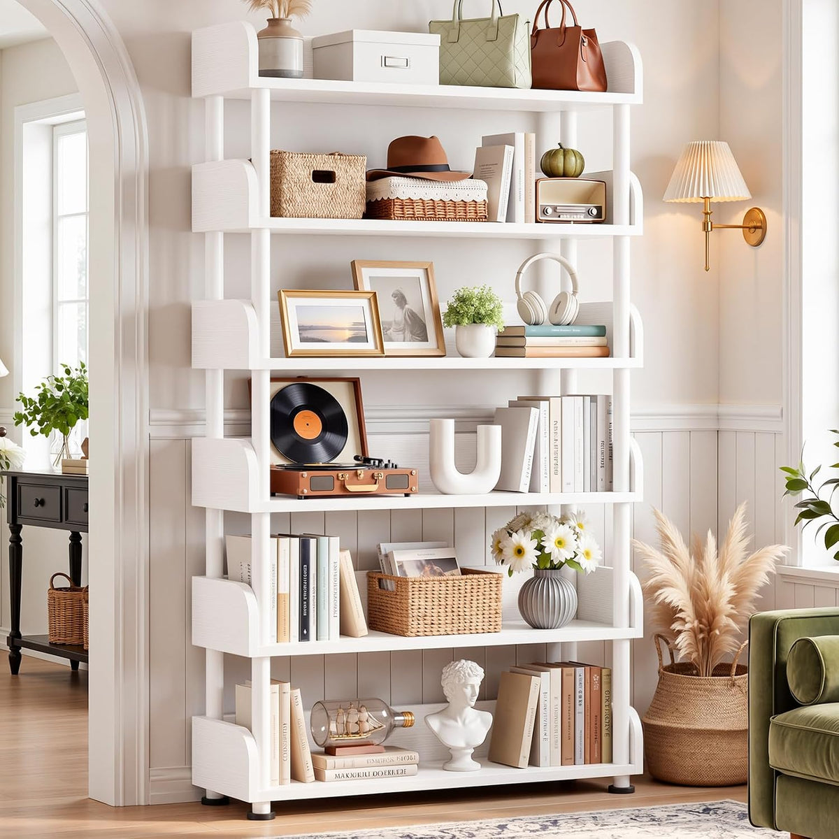 Aheaplus 6-Tier Tall Open Bookshelf, 31.5" Modern Display Bookcase Shelf with Top Edge and Pipe Metal Frame, Industrial Standing Bookshelves Storage Rack Organizer for Living Room, Home Office, White