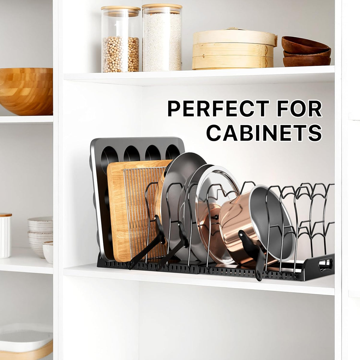 Simple Houseware Expandable Pan Rack 10 Adjustable Compartments, Black