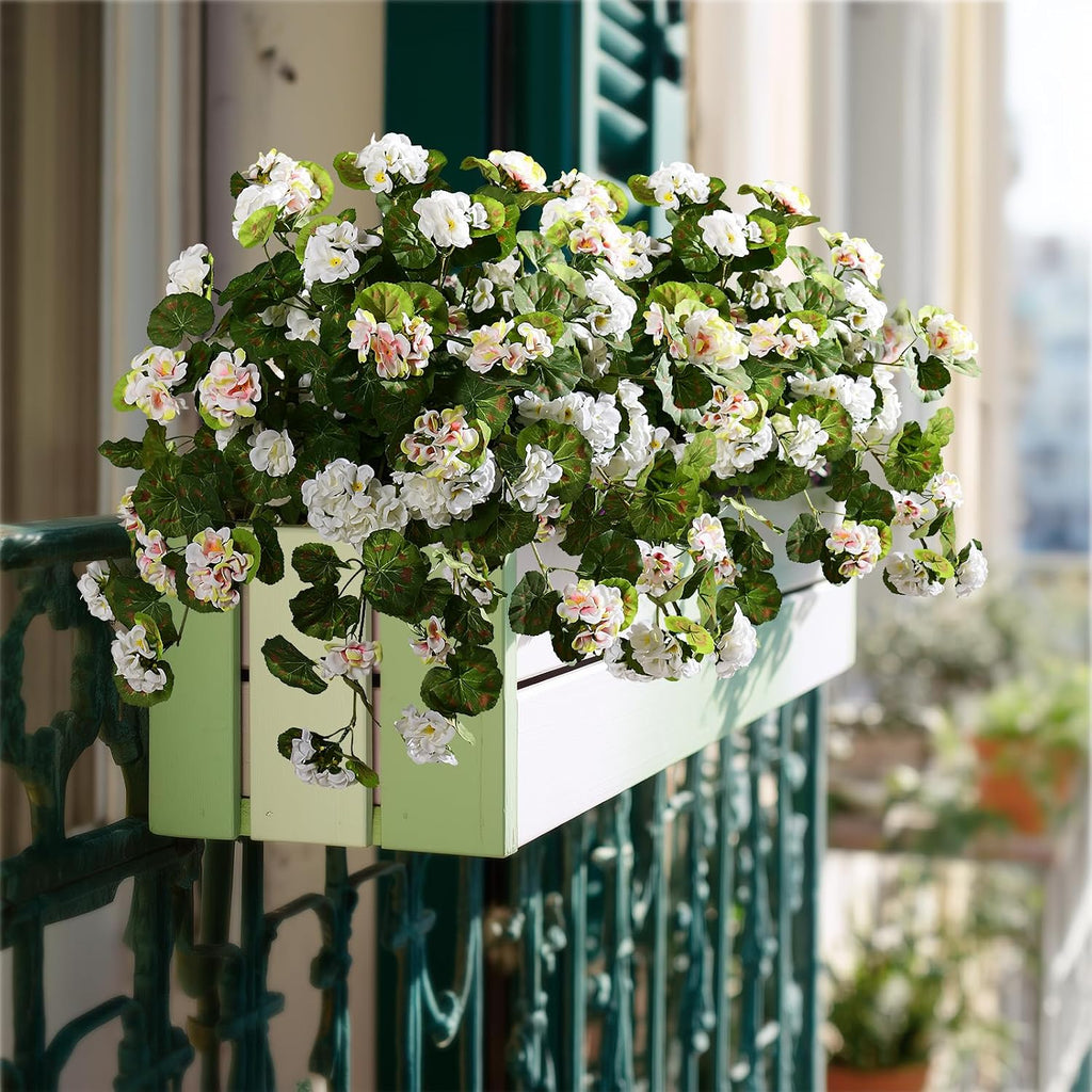 Artificial Geranium Flowers for Outdoor 2 Pcs Artificial White Flower Fake Flowers with Stems Silk Realistic Look Real Floral Arrangement for Front Door Porch Planter Patio Balcony (2 Pcs White)