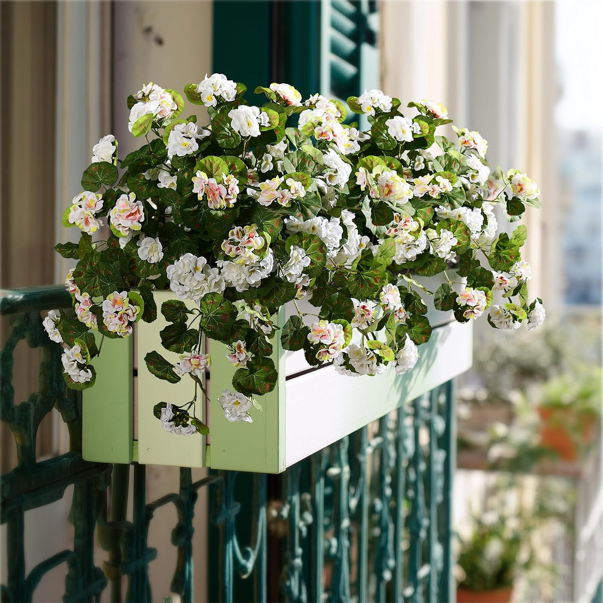 Artificial Geranium Flowers for Outdoor 2 Pcs Artificial White Flower Fake Flowers with Stems Silk Realistic Look Real Floral Arrangement for Front Door Porch Planter Patio Balcony (2 Pcs White)