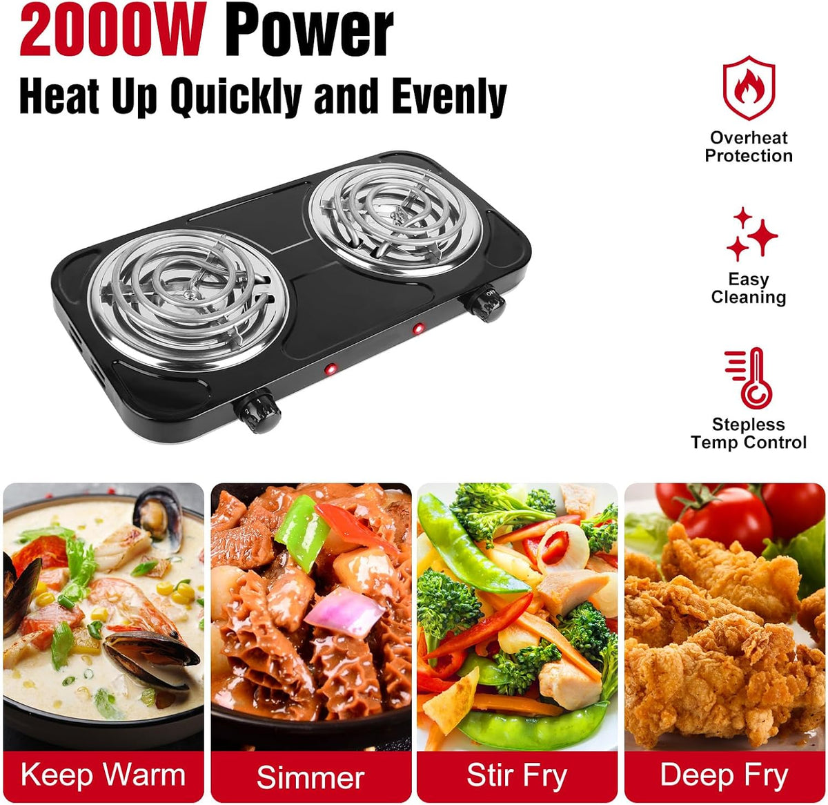 2000W Electric Hot Plate,Portable Electric Stove Countertop Double Coil Burners W/Dual Control&5 Level Temperature Control, Easy to Clean,Lightweight Cast Iron Countertop Stove for Home Camp RV 110V