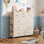WLIVE 10 Drawer Fabric Dresser for Bedroom, Side Pocket Chest, Cream White