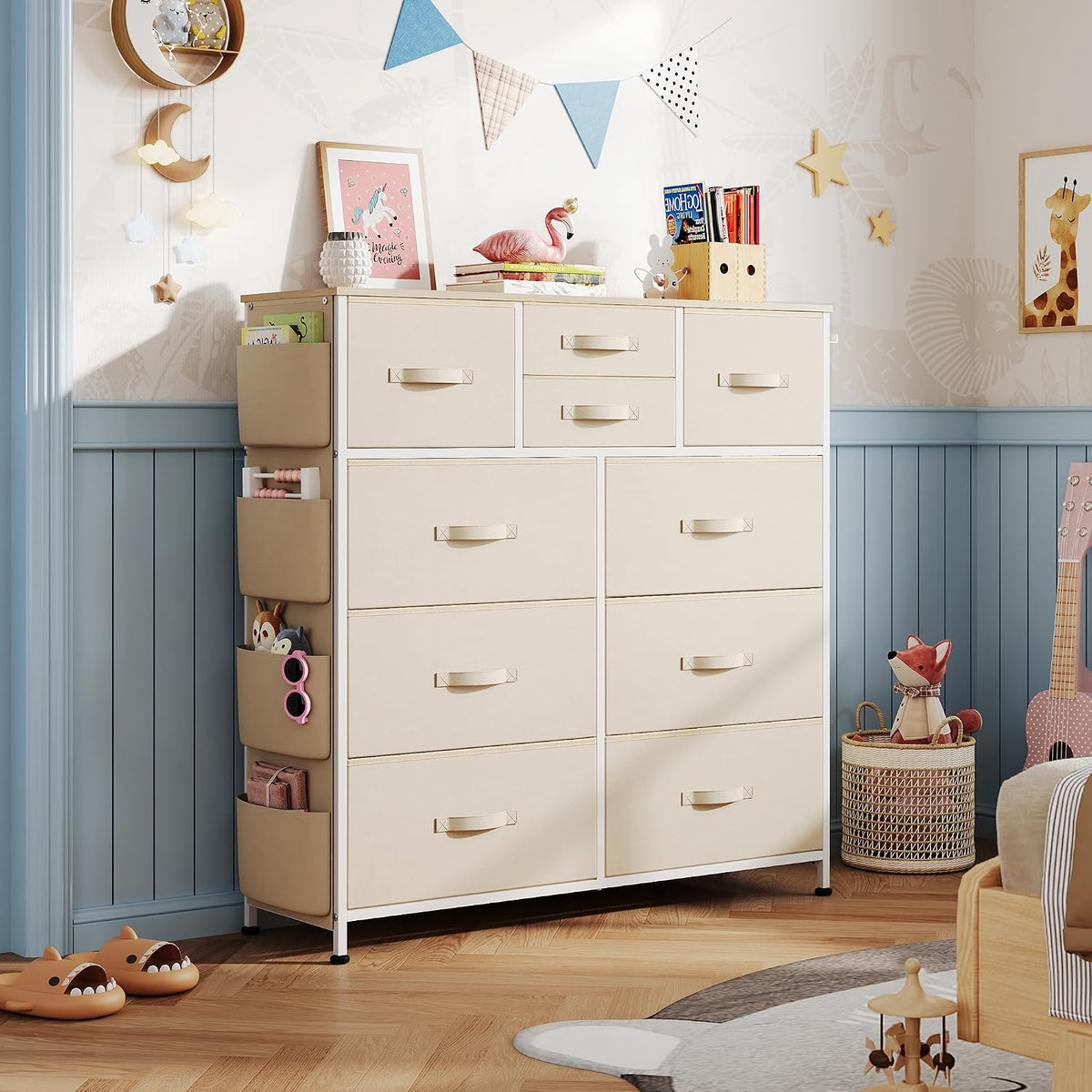 WLIVE 10 Drawer Fabric Dresser for Bedroom, Side Pocket Chest, Cream White