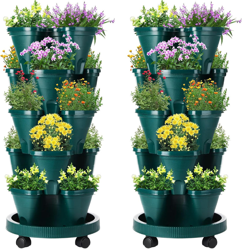 Umigy 2 Set 5 Tier Stackable Planters Vertical Garden Planters, Dark Green