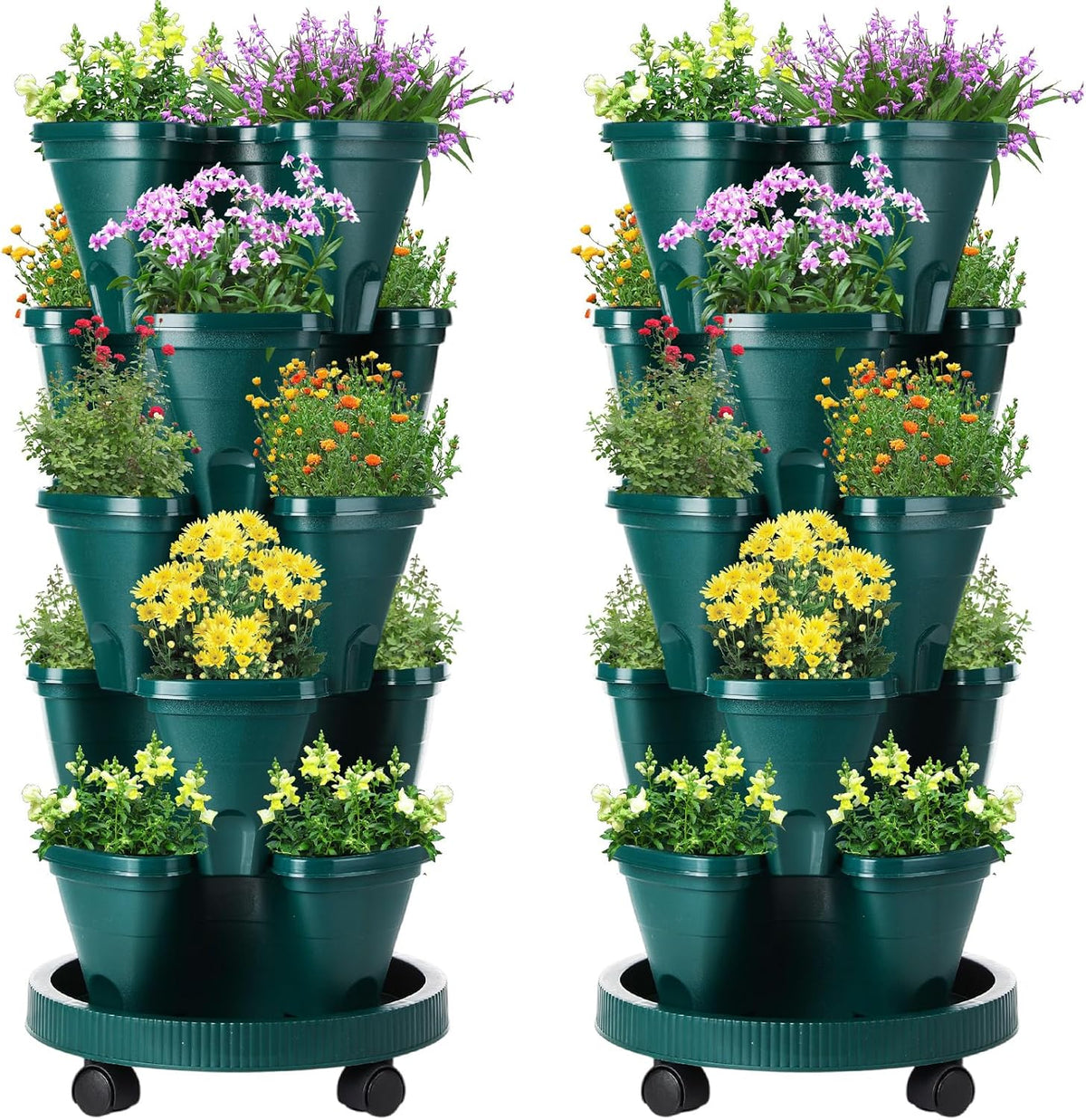 Umigy 2 Set 5 Tier Stackable Planters Vertical Garden Planters, Dark Green