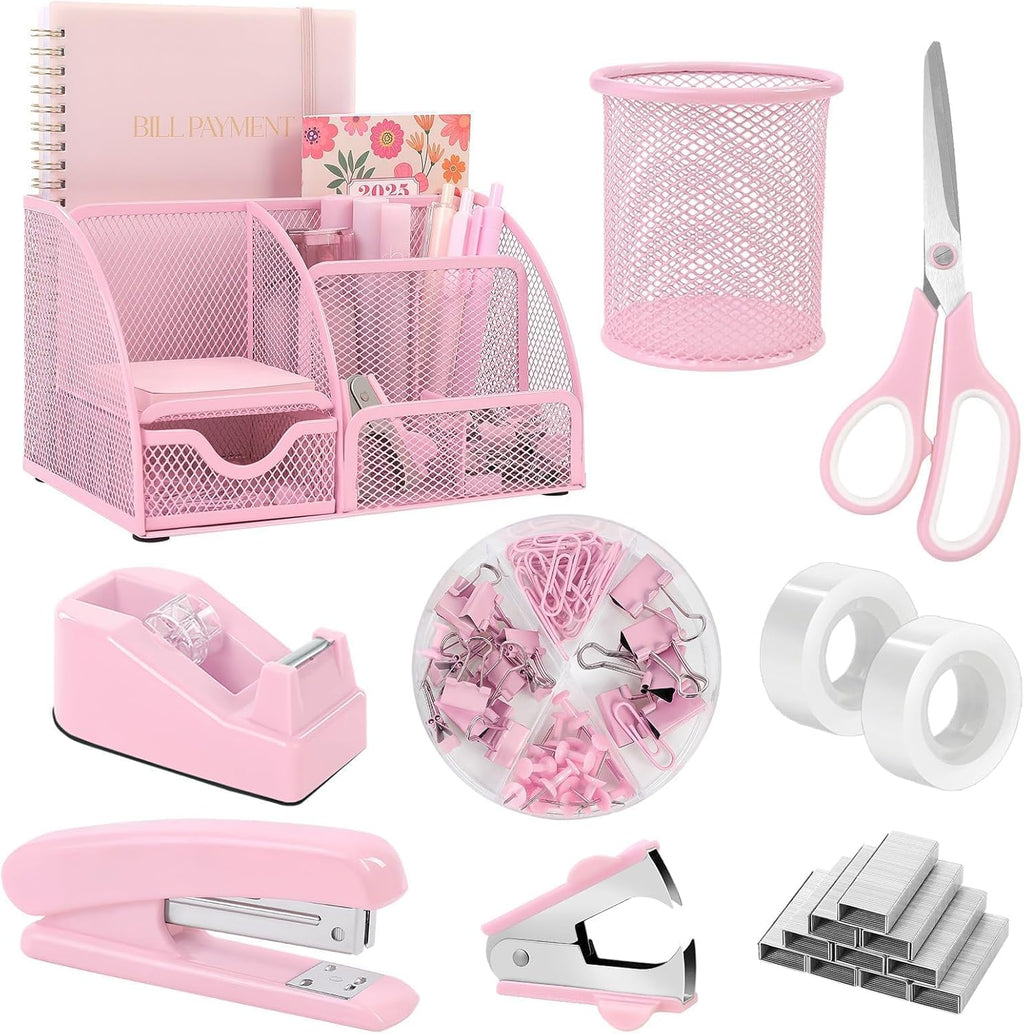 SKYDUE 10 Pcs Pink Desk Accessories, Pink Office Supplies Set