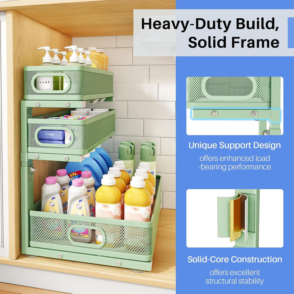 Under Sink Organizer, 3-Tier Thickened Metal Pull out Cabinet Organizer Shelf, Height Adjustable Slide out Storage Drawer Rack for Kitchen Bathroom Pantry Laundry Home Organization, 2-Pack, Green