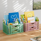 Marbrasse Mesh Desk Organizer, Pen Organizer with 2 Drawer, Multi-Functional Pencil Holder, Desk Organizers and Accessories with 5 Compartments + Drawer for Office Art Supplies (Green)
