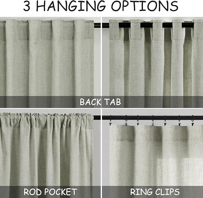 Sage Green Boho Curtains for Bedroom Back Tab Rod Pocket Semi Sheer Linen - Image 3