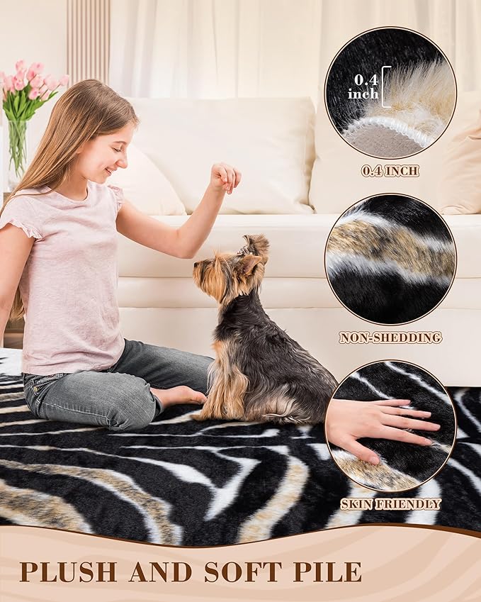 Zebra Print Rug for Living Room, Faux Fur Zebra Hide 5.2x7 Feet Animal Skin Rug - Image 2