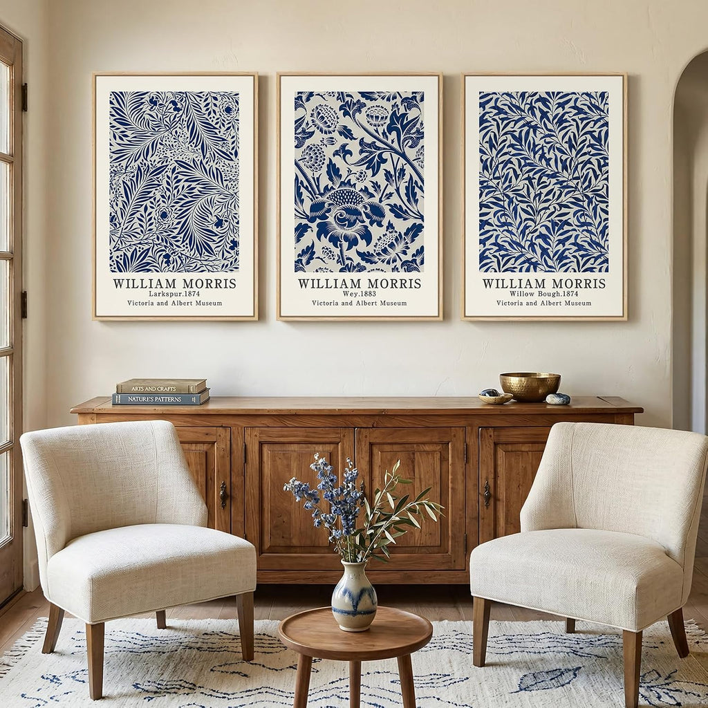 Large Framed Blue William Morris Canvas Wall Art for Living Room, 3 Piece
