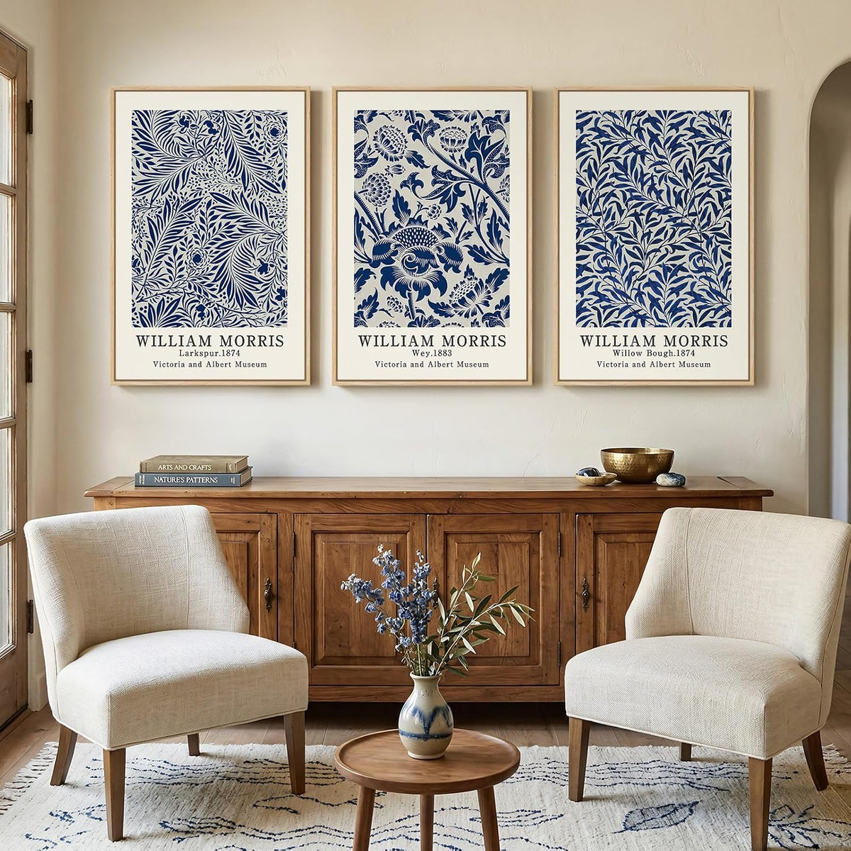 Large Framed Blue William Morris Canvas Wall Art for Living Room, 3 Piece