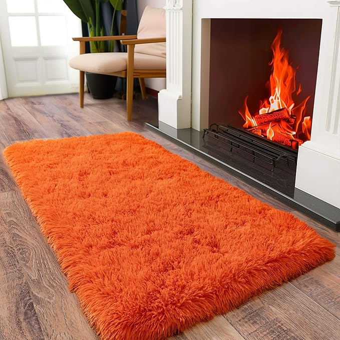Soft Runner Rugs for Bedroom Hallways, 2x4 Orange Fluffy Shag Throw Area Rug - Image 3